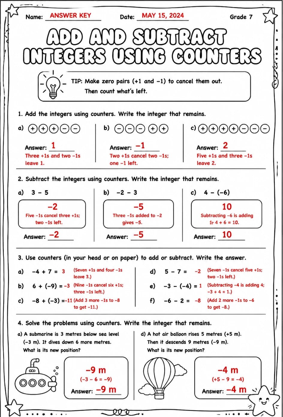 Answer key for Add and subtract integers using counters — free printable Math worksheet