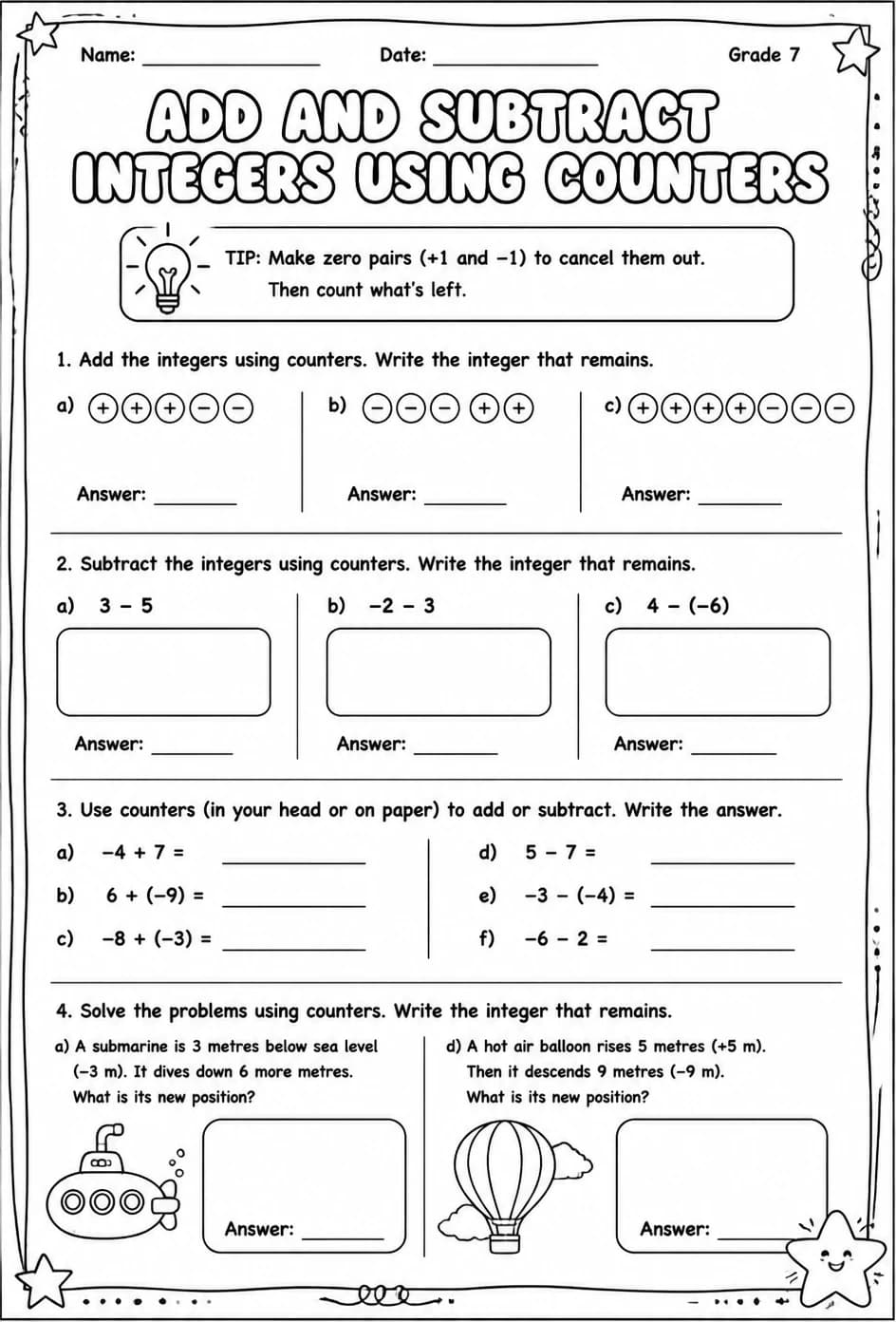 Add and subtract integers using counters — free printable Grade 7 math worksheet