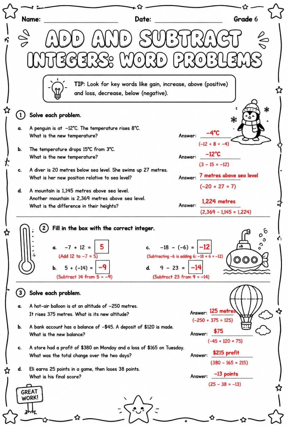 Answer key for Add and subtract integers: word problems — free printable Math worksheet