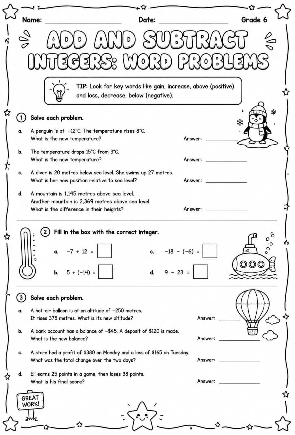 Add and subtract integers: word problems — free printable Grade 6 math worksheet