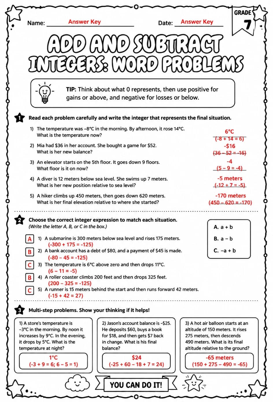 Answer key for Add and subtract integers: word problems — free printable Math worksheet