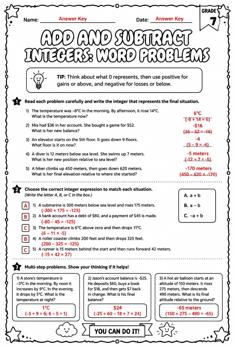 Answer key for Add and subtract integers: word problems — free printable Math worksheet