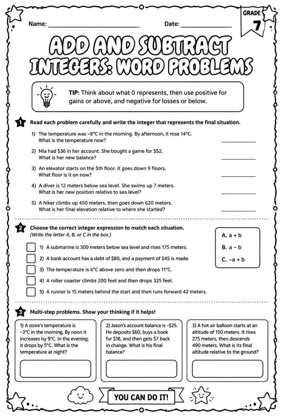Add and subtract integers: word problems — free printable Grade 7 math worksheet