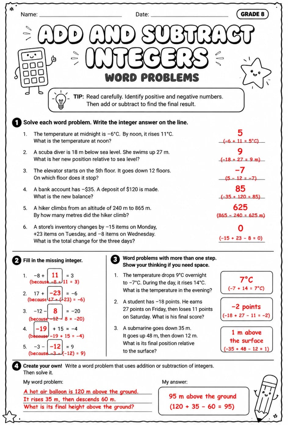 Answer key for Add and subtract integers: word problems — free printable Math worksheet