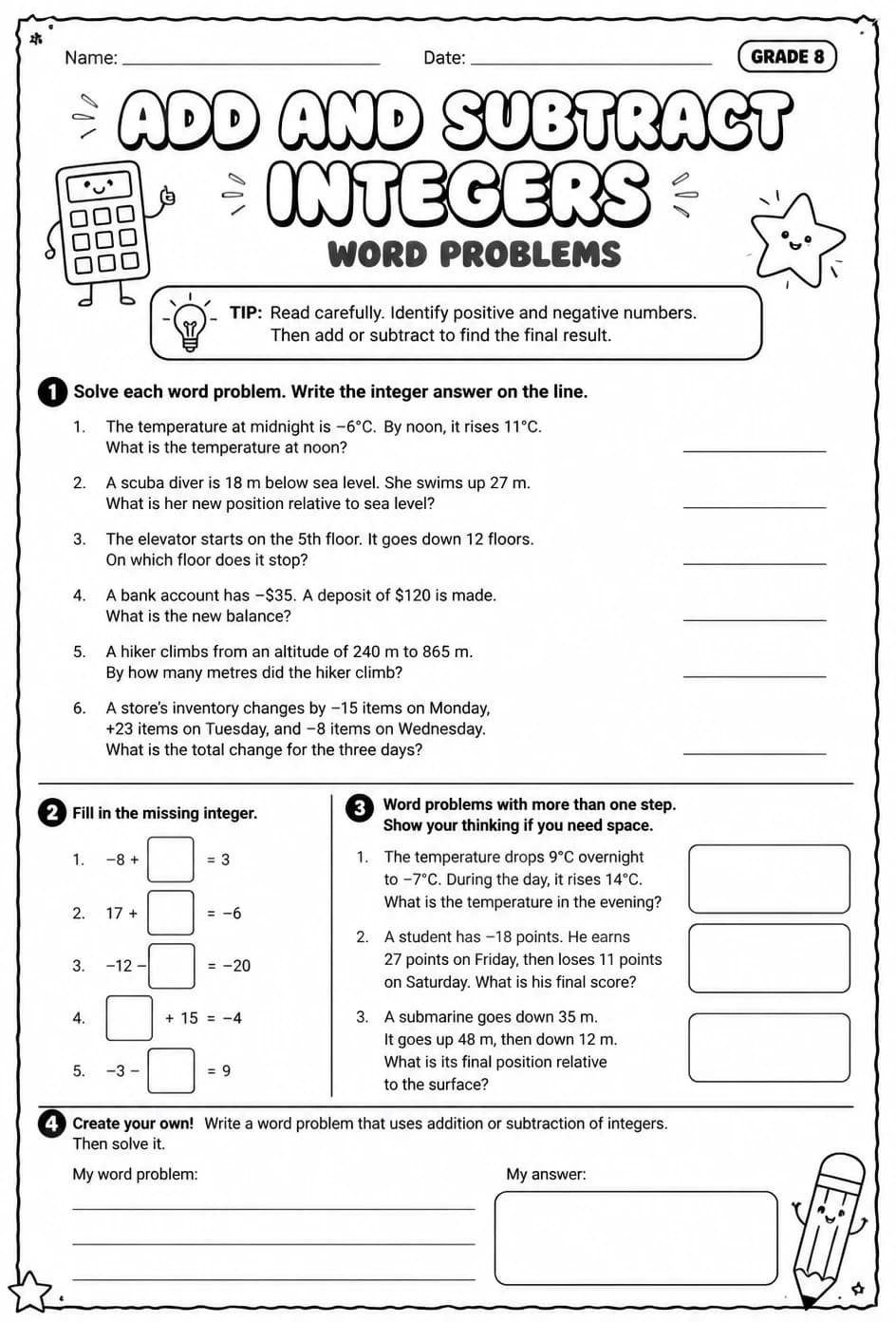 Add and subtract integers: word problems — free printable Grade 8 math worksheet