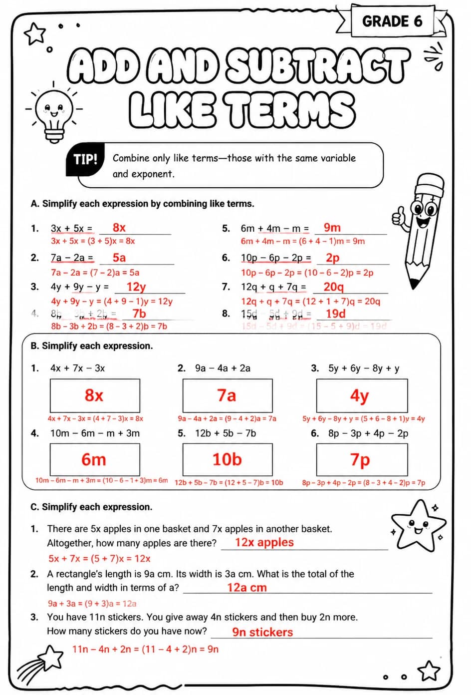 Answer key for Add and subtract like terms — free printable Math worksheet
