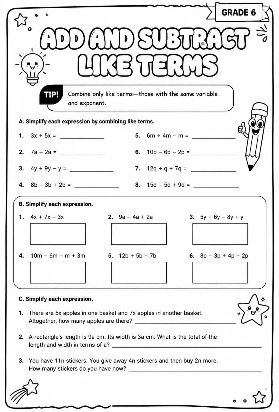 Add and subtract like terms — free printable Grade 6 math worksheet