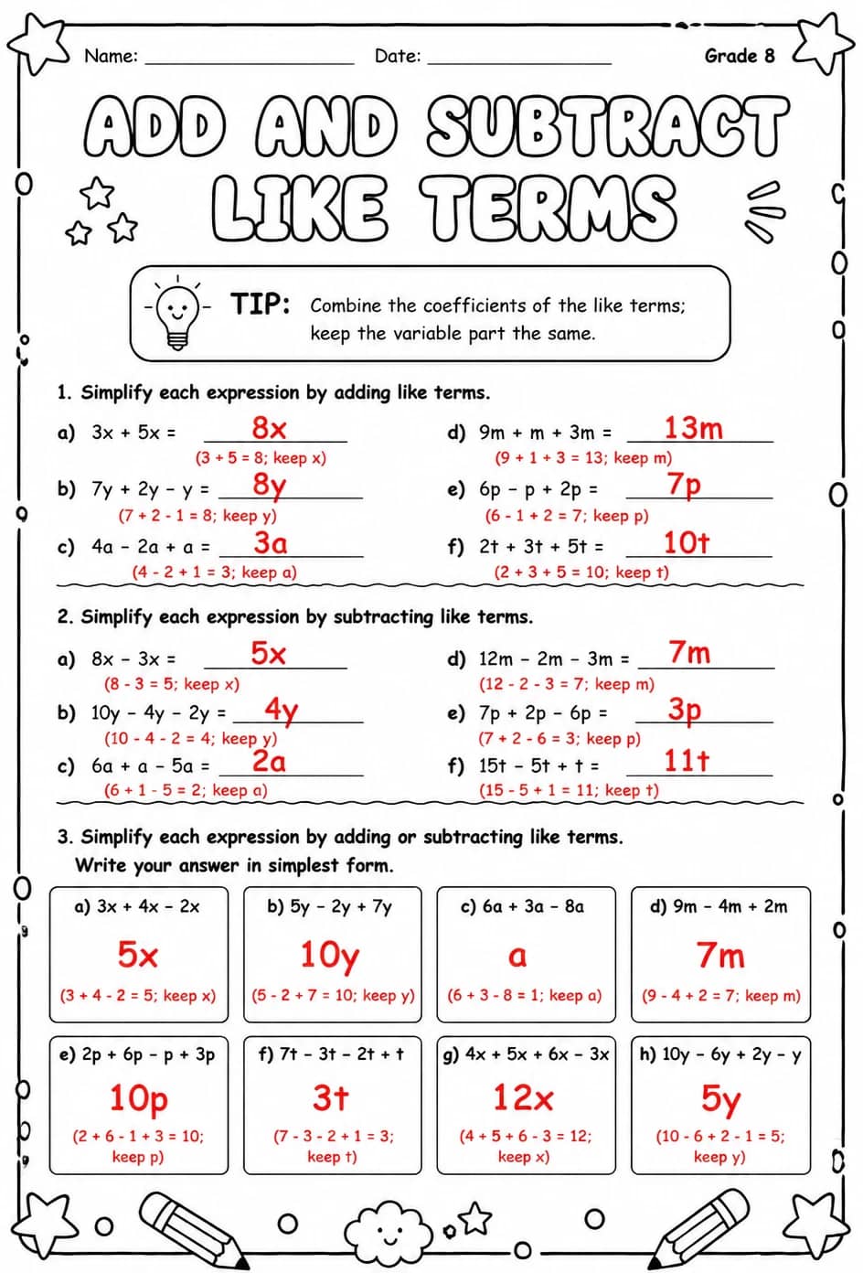 Answer key for Add and subtract like terms — free printable Math worksheet