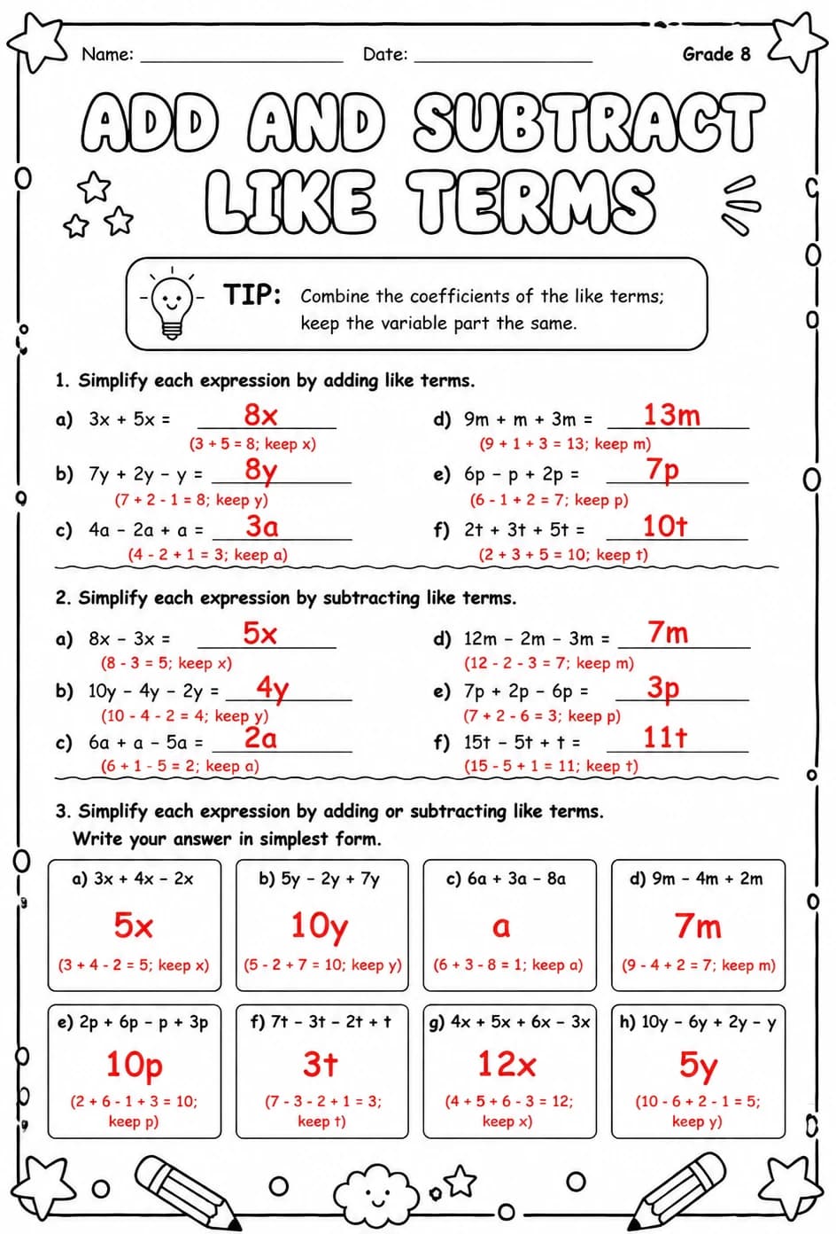 Answer key for Add and subtract like terms — free printable Math worksheet