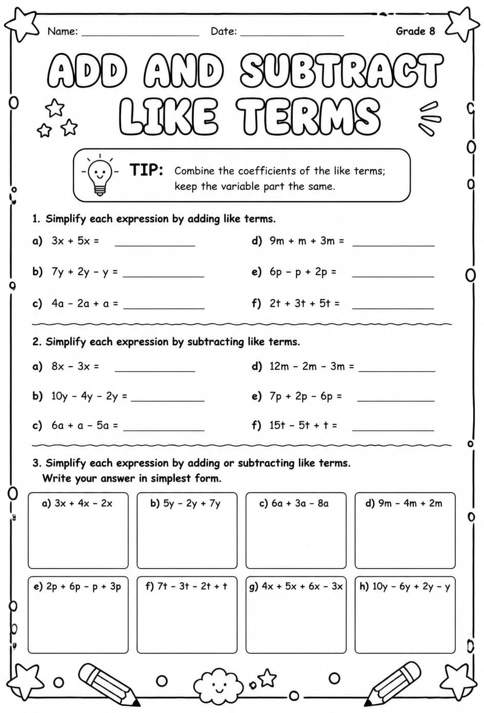 Add and subtract like terms — free printable Grade 8 math worksheet