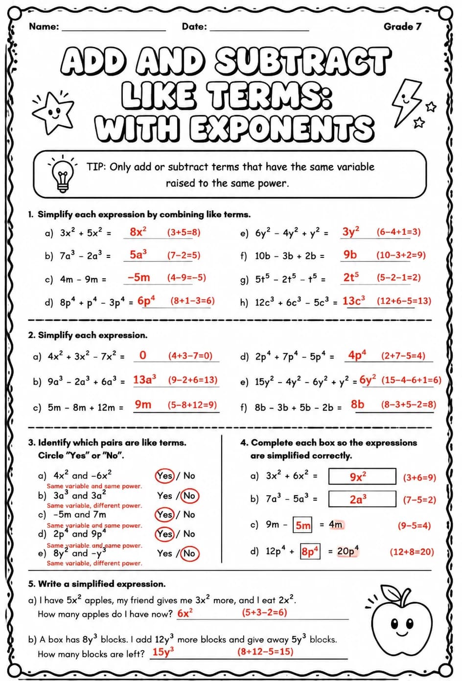 Answer key for Add and subtract like terms: with exponents — free printable Math worksheet