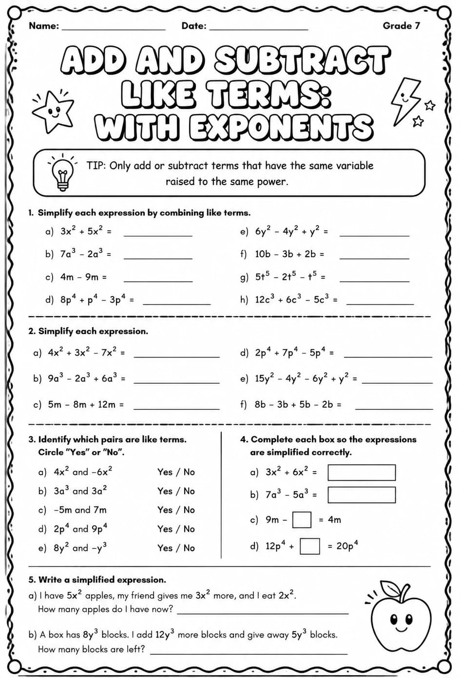 Add and subtract like terms: with exponents — free printable Grade 7 math worksheet