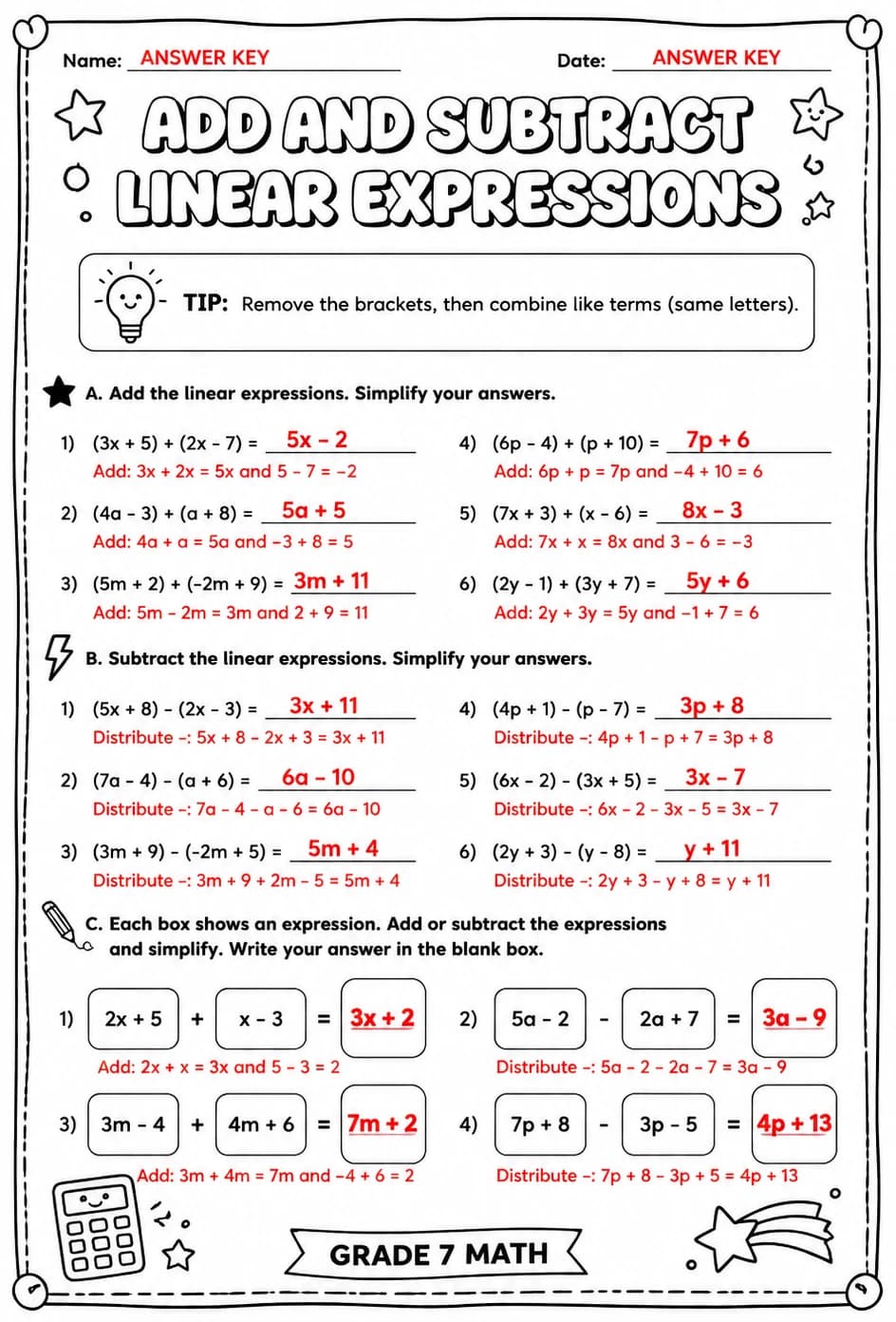 Answer key for Add and subtract linear expressions — free printable Math worksheet