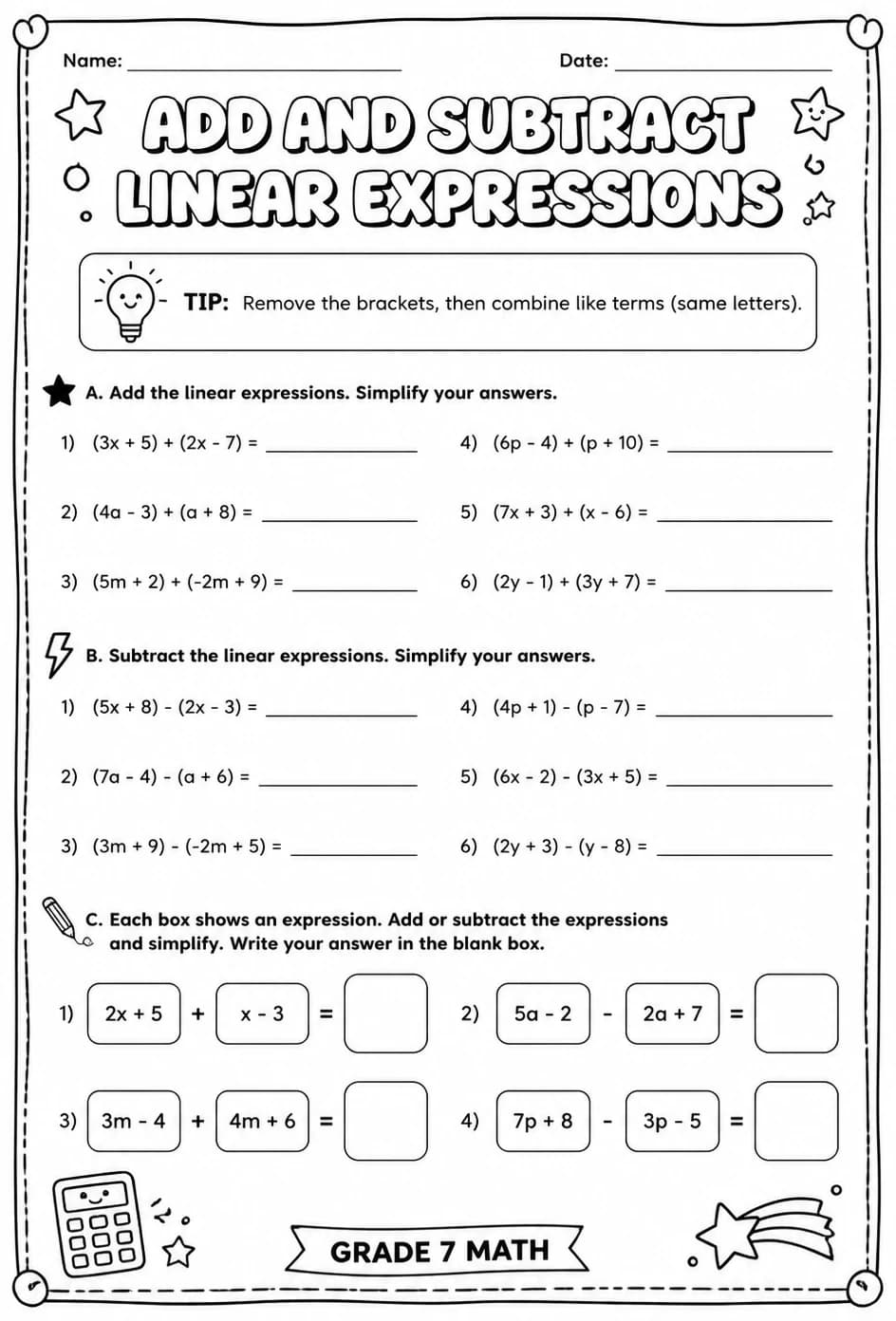 Add and subtract linear expressions — free printable Grade 7 math worksheet