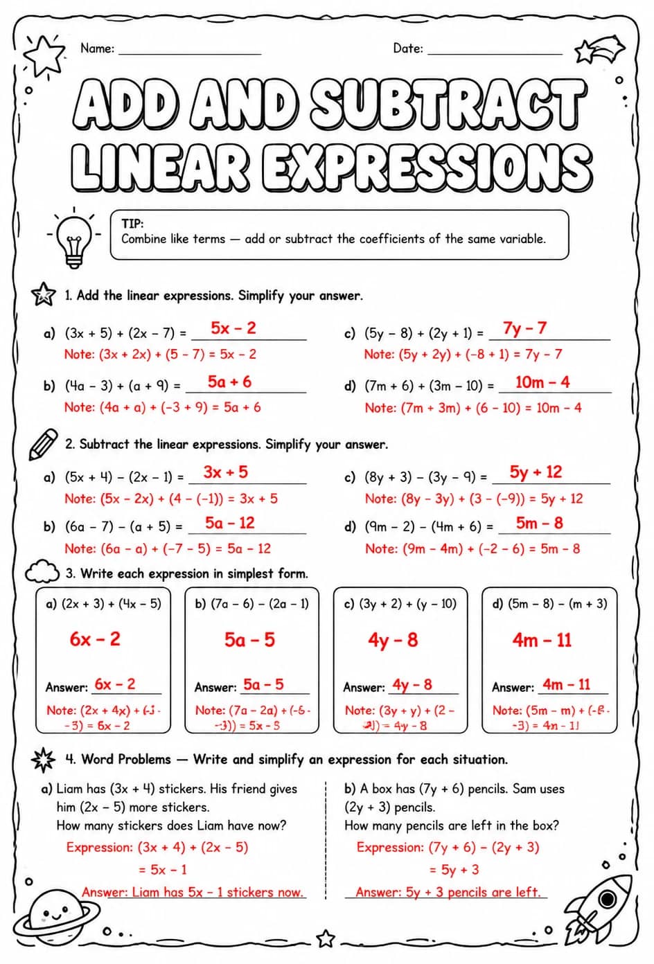 Answer key for Add and subtract linear expressions — free printable Math worksheet