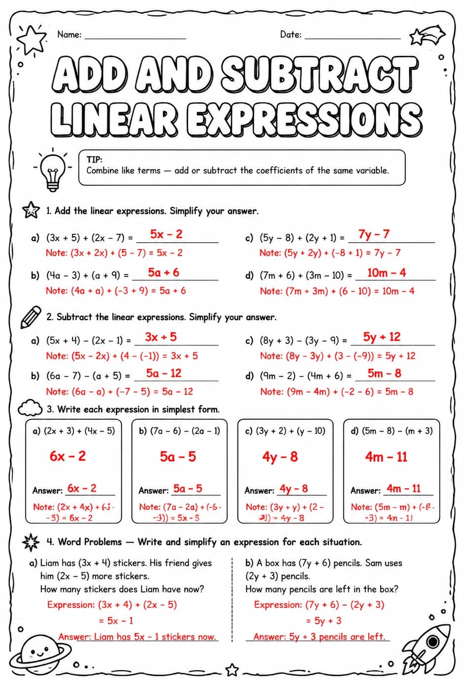 Answer key for Add and subtract linear expressions — free printable Math worksheet