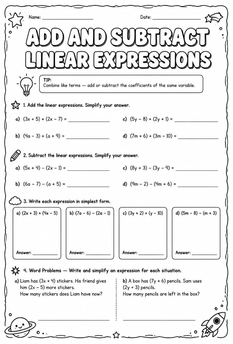 Add and subtract linear expressions — free printable Grade 8 math worksheet