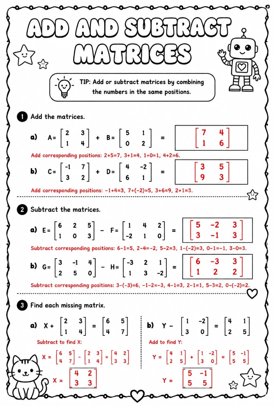 Answer key for Add and subtract matrices — free printable Math worksheet