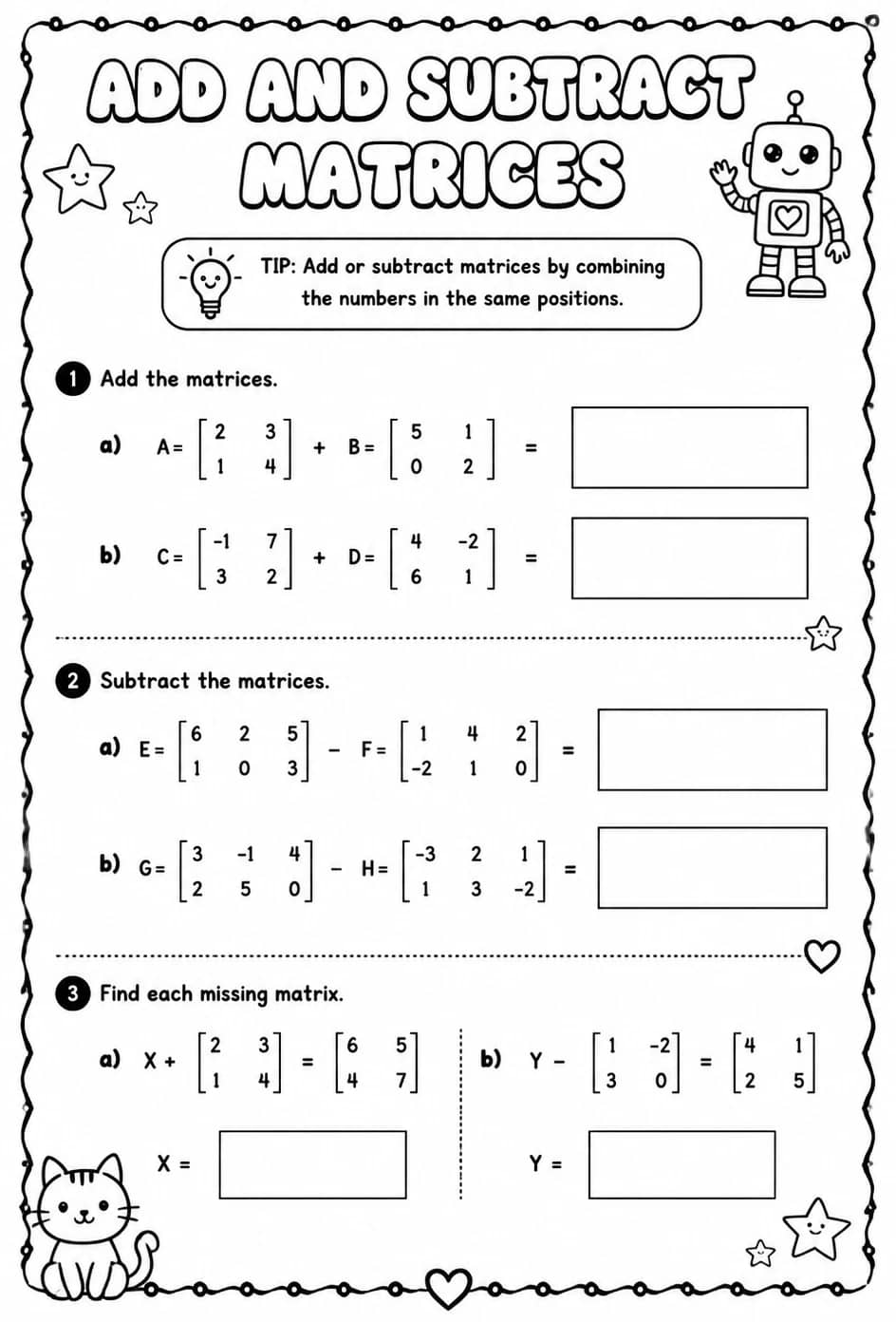 Add and subtract matrices — free printable Algebra 1 math worksheet