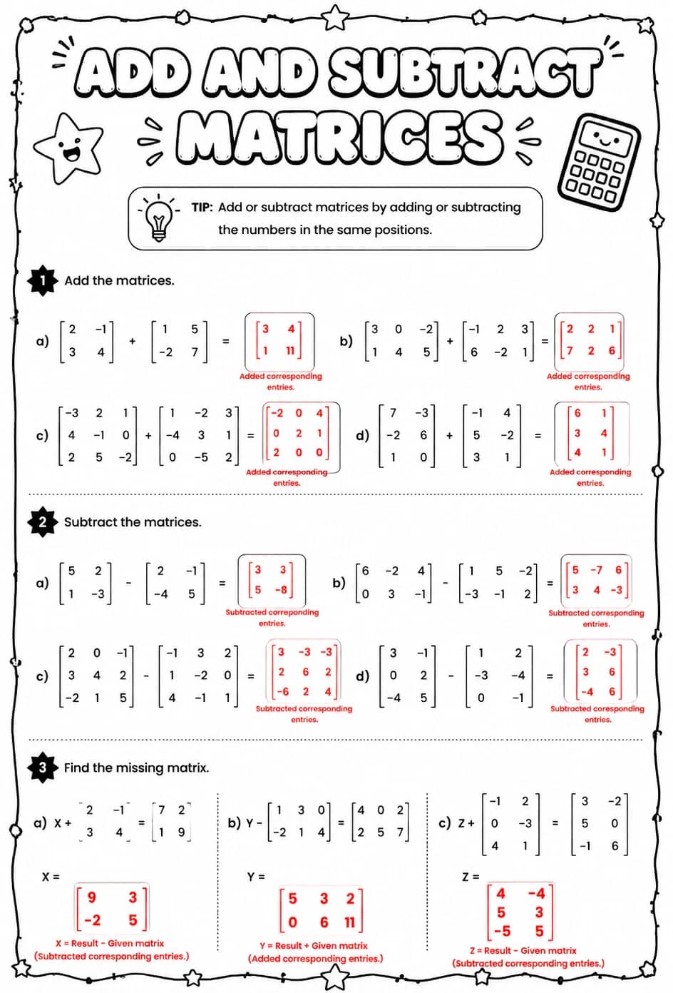 Answer key for Add and subtract matrices — free printable Math worksheet