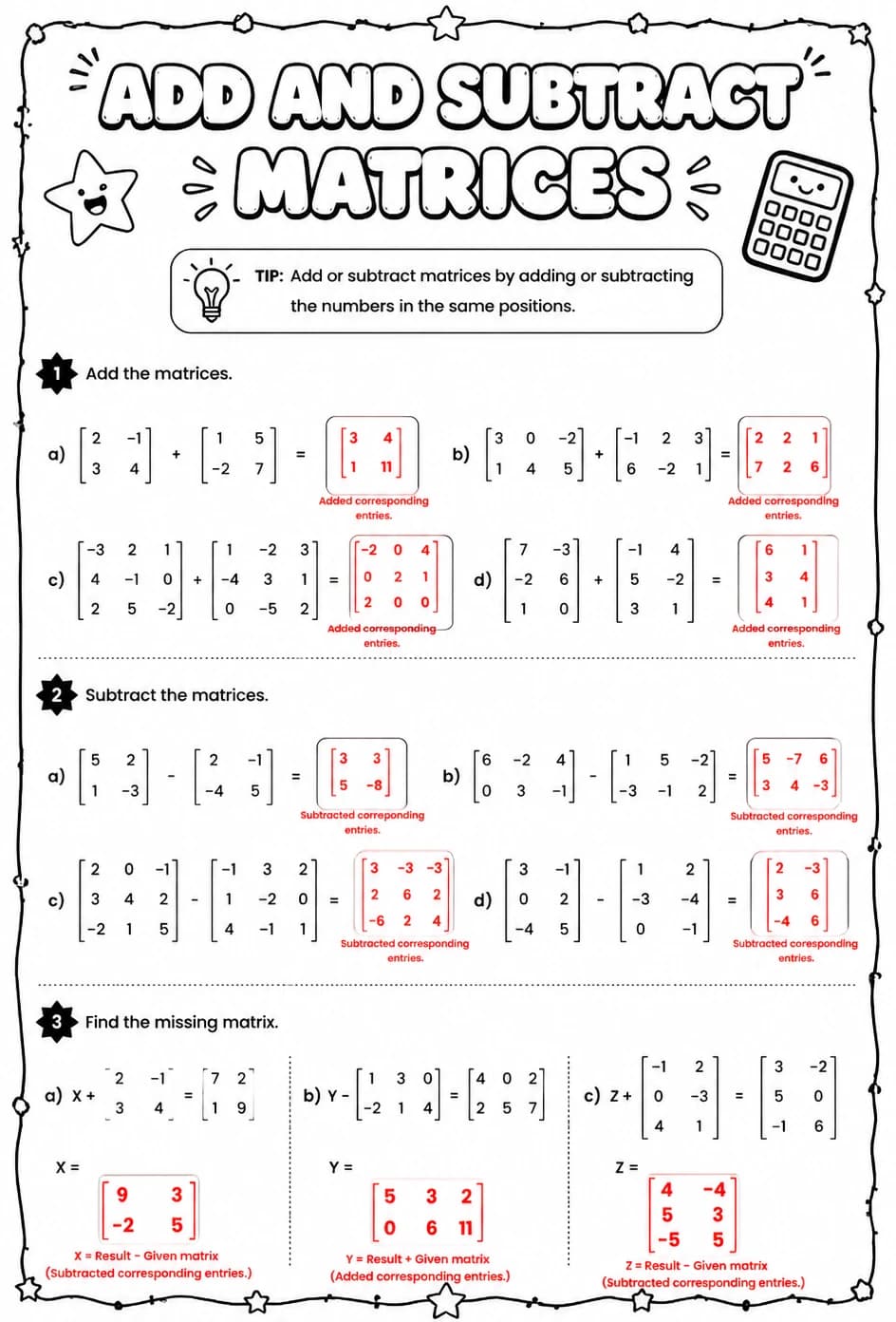 Answer key for Add and subtract matrices — free printable Math worksheet