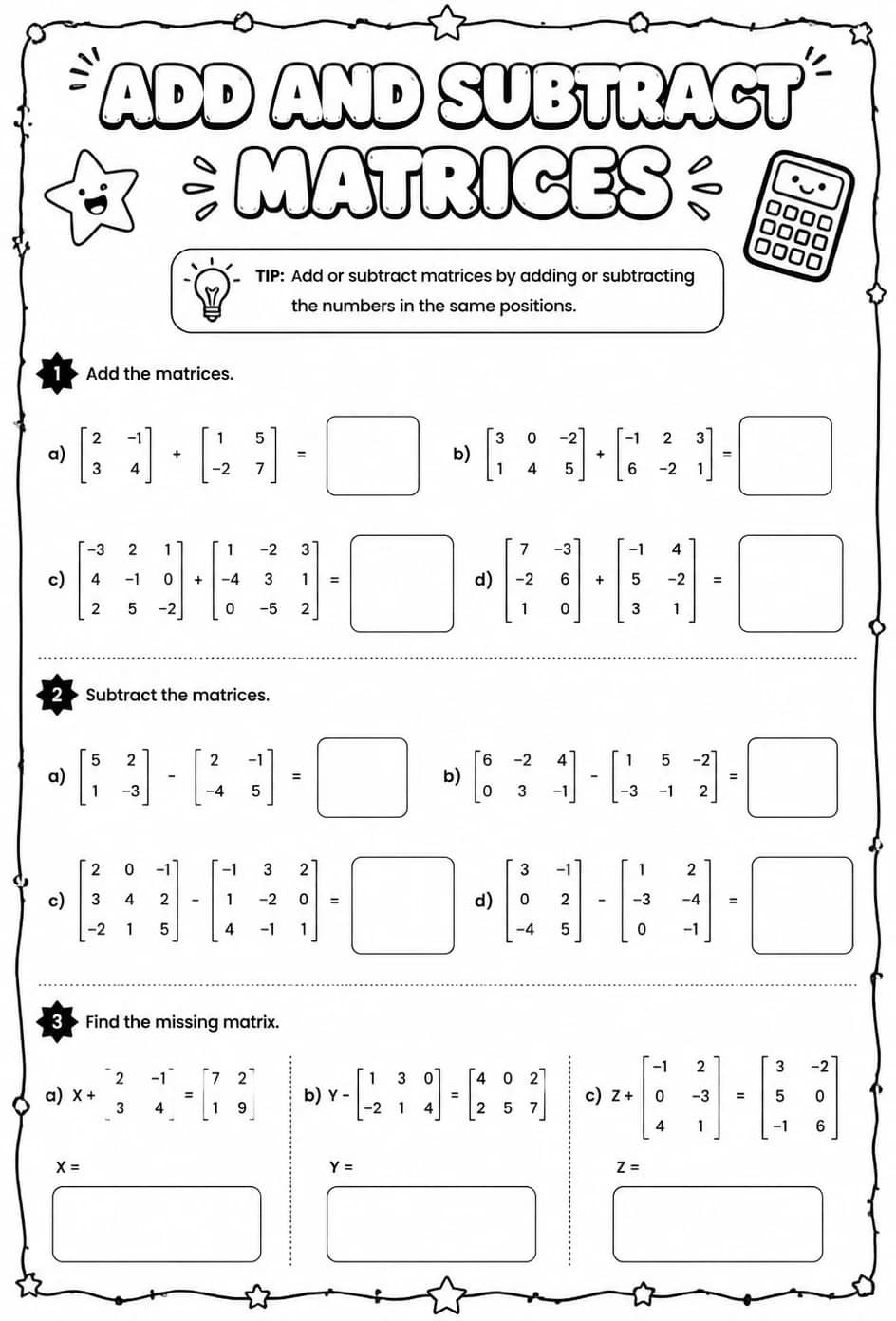 Add and subtract matrices — free printable Algebra 2 math worksheet