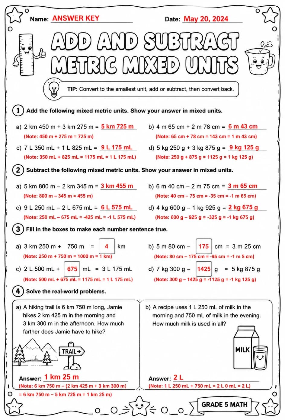 Answer key for Add and subtract metric mixed units — free printable Math worksheet
