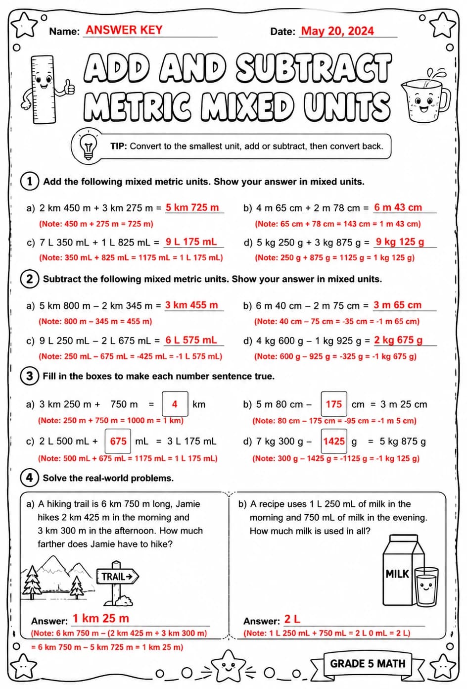Answer key for Add and subtract metric mixed units — free printable Math worksheet