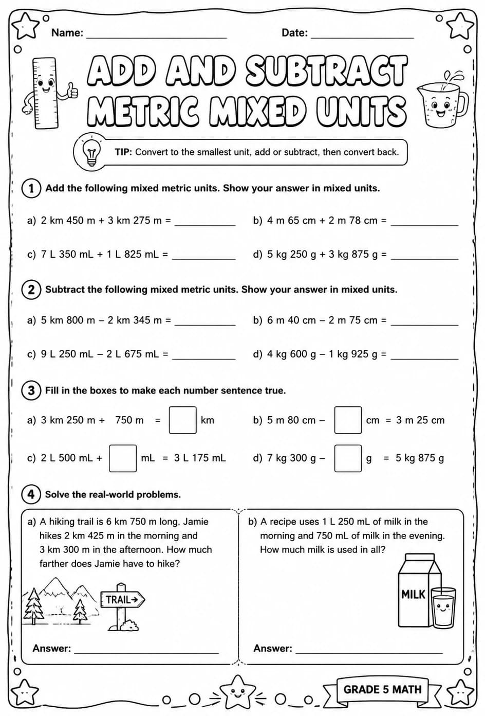 Add and subtract metric mixed units — free printable Grade 5 math worksheet