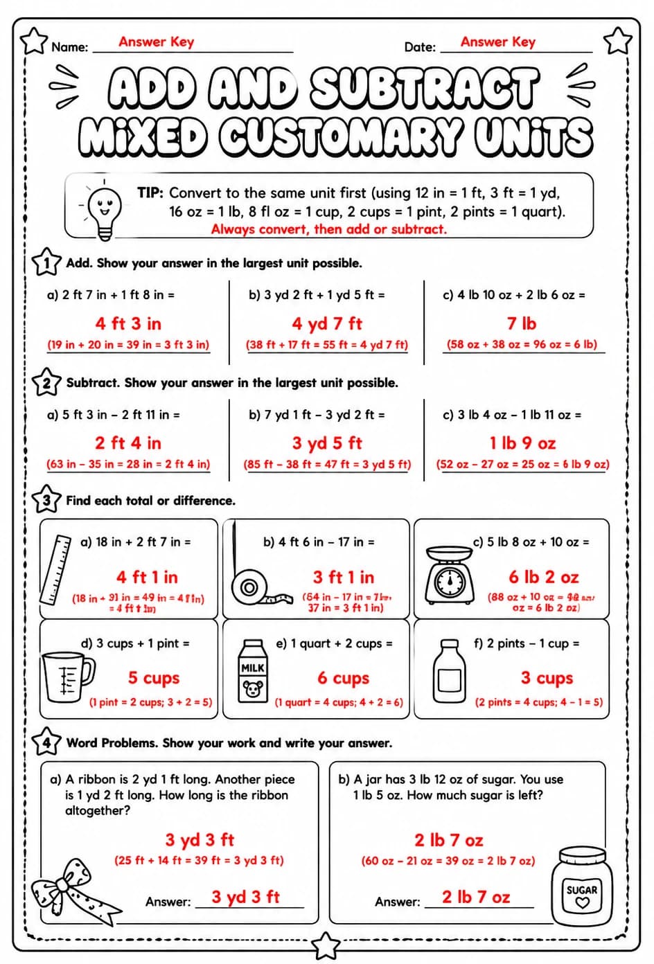 Answer key for Add and subtract mixed customary units — free printable Math worksheet