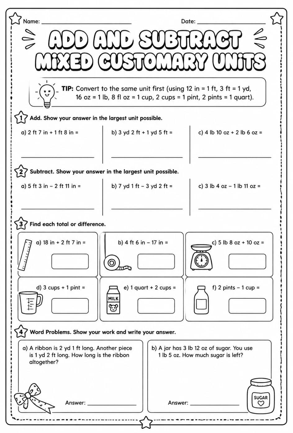 Add and subtract mixed customary units — free printable Grade 4 math worksheet
