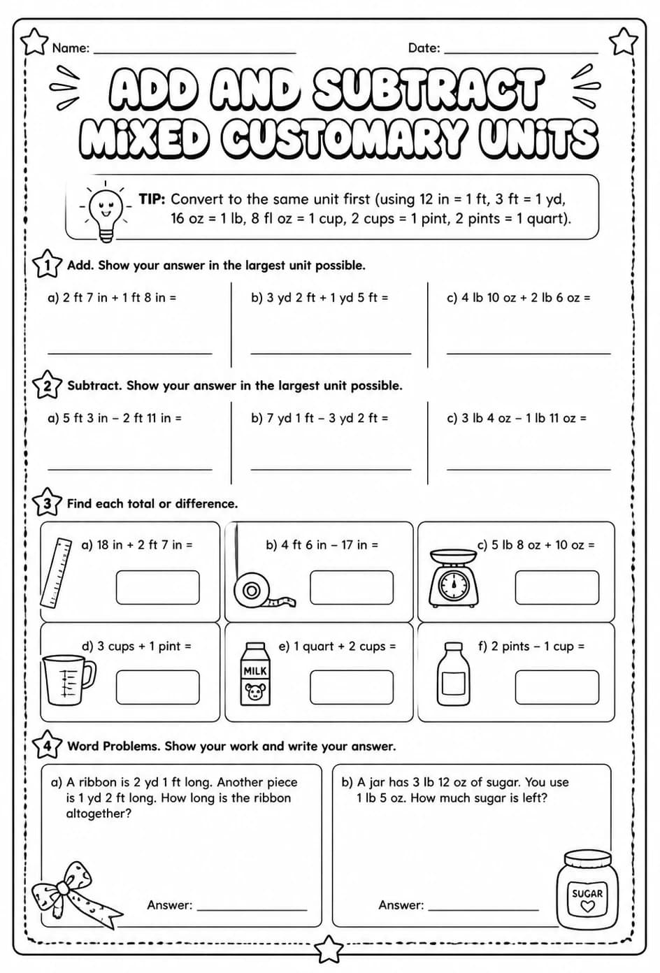 Add and subtract mixed customary units — free printable Grade 4 math worksheet