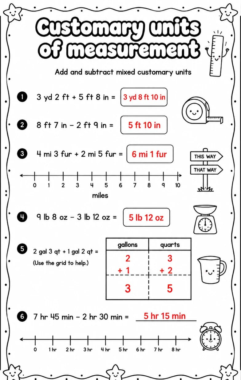 Answer key for Add and subtract mixed customary units — free printable Math worksheet