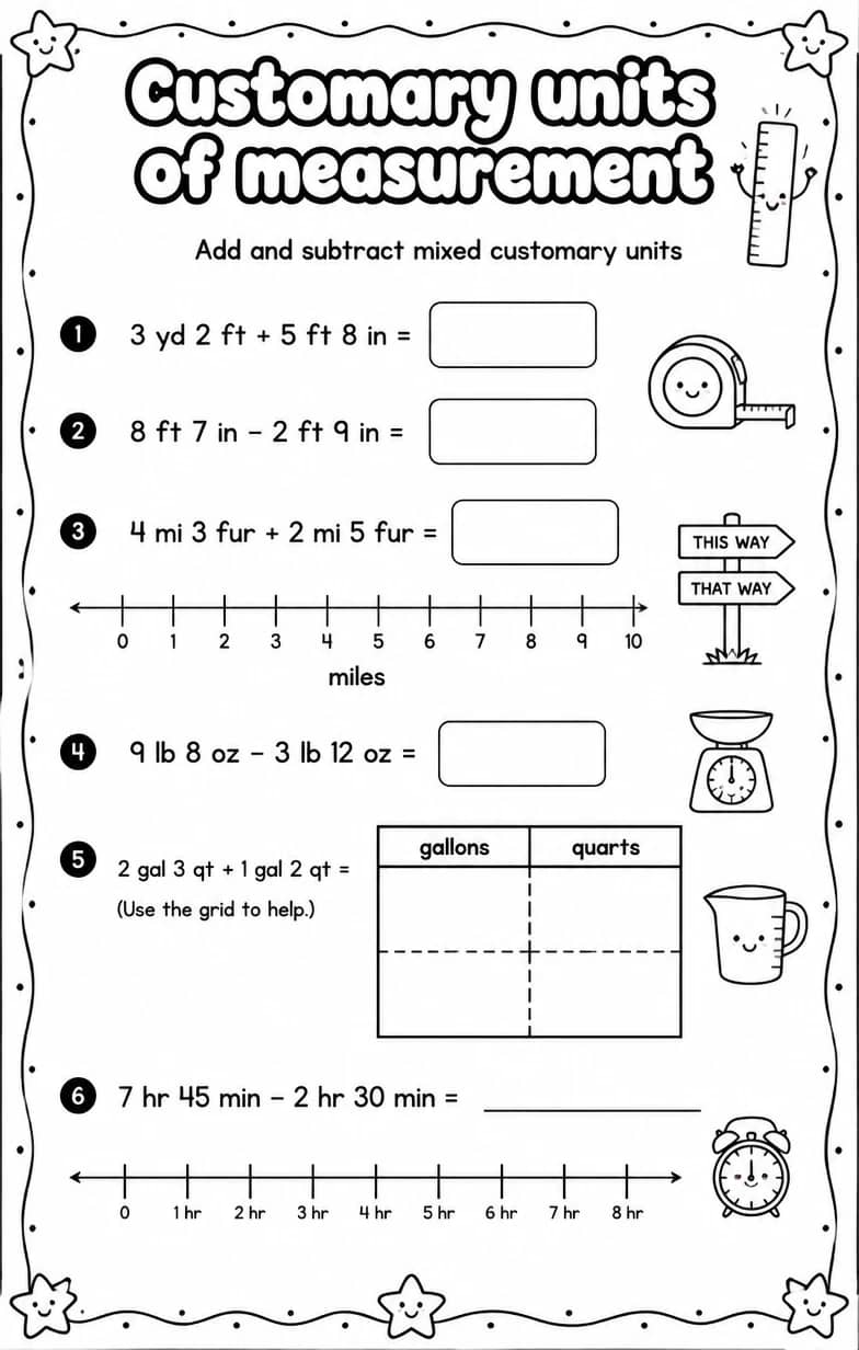 Add and subtract mixed customary units — free printable Grade 5 math worksheet