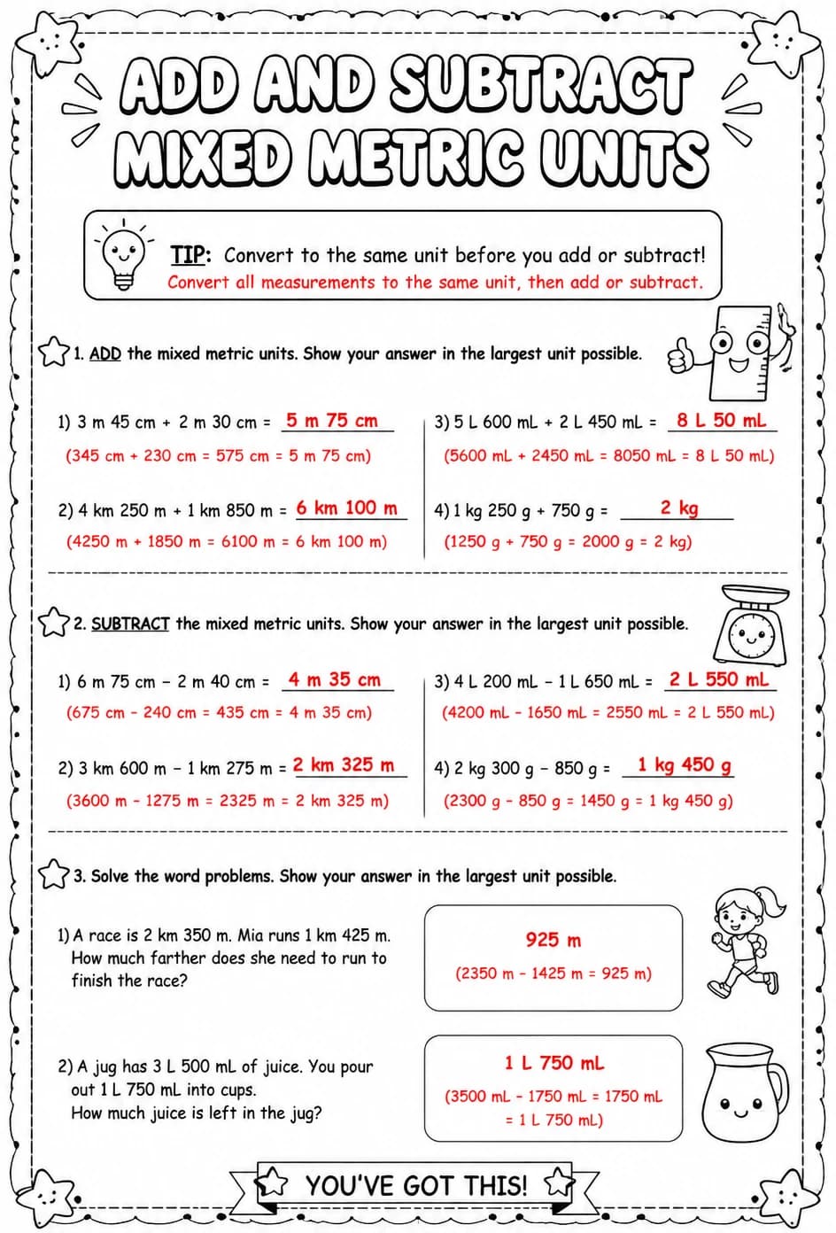 Answer key for Add and subtract mixed metric units — free printable Math worksheet