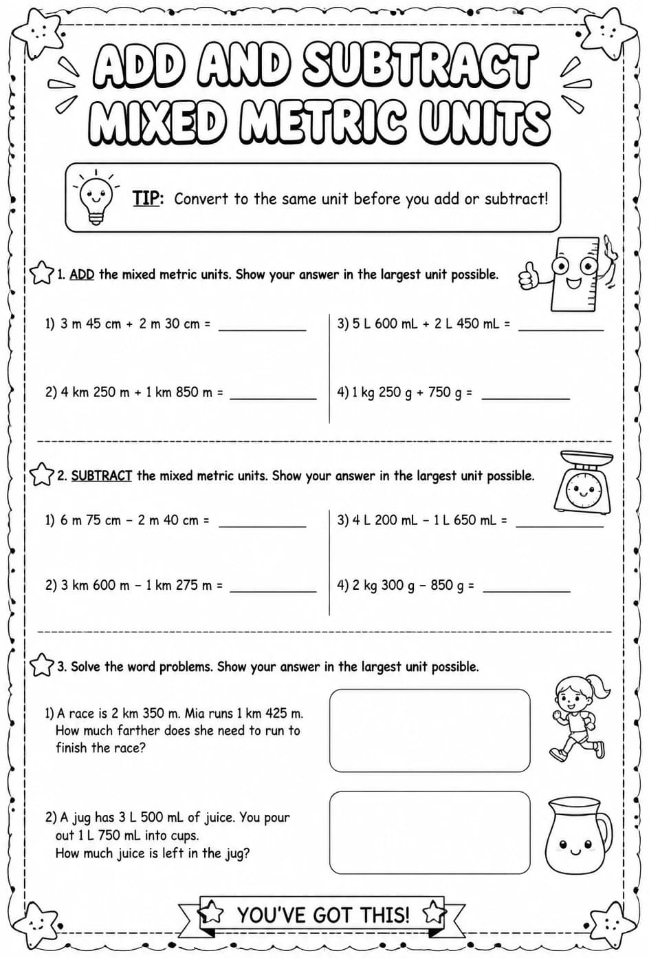 Add and subtract mixed metric units — free printable Grade 4 math worksheet