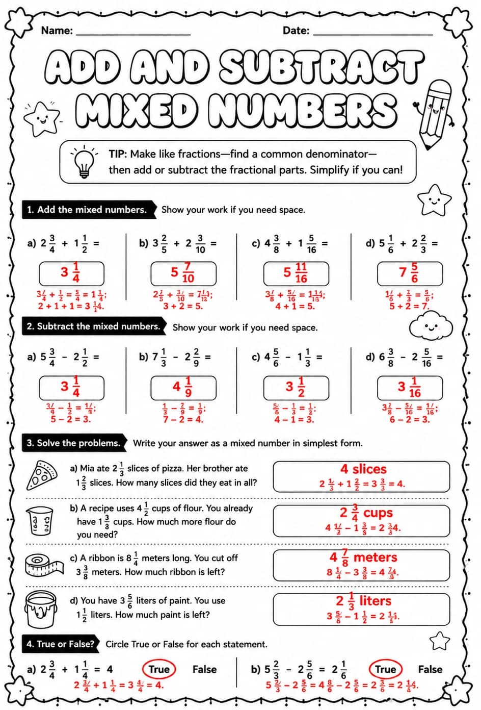 Answer key for Add and subtract mixed numbers — free printable Math worksheet