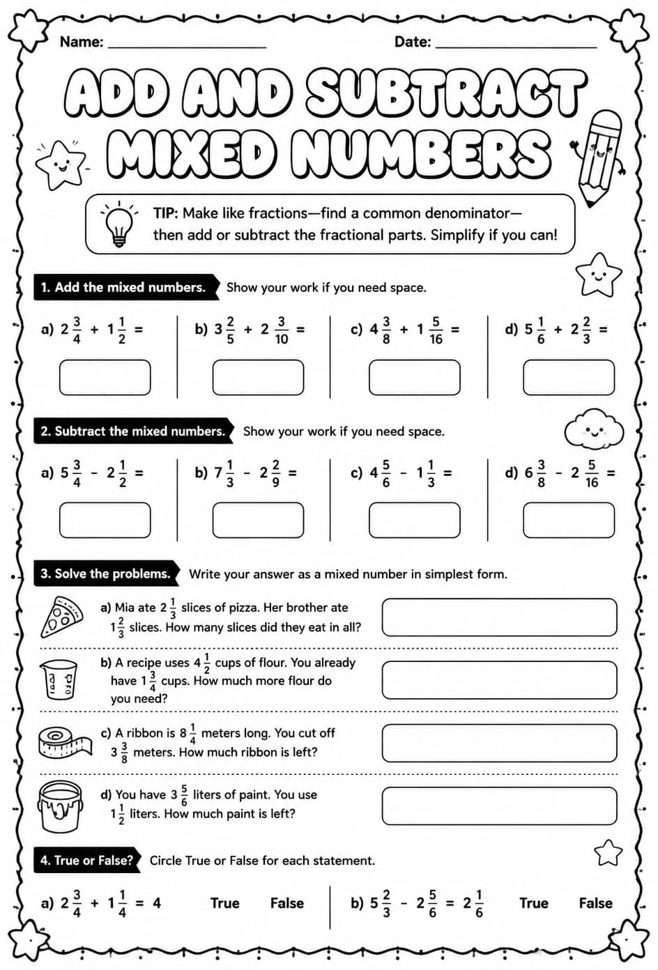 Add and subtract mixed numbers — free printable Grade 5 math worksheet