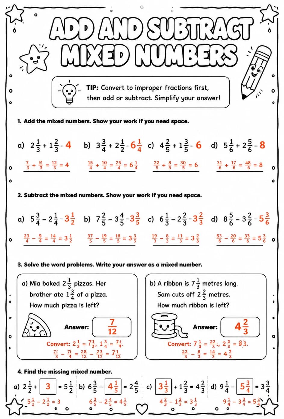 Answer key for Add and subtract mixed numbers — free printable Math worksheet