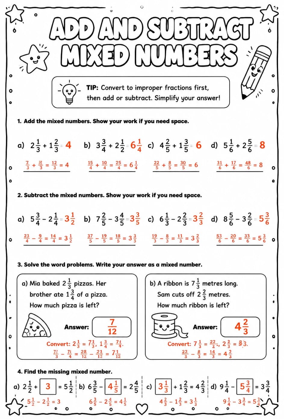 Answer key for Add and subtract mixed numbers — free printable Math worksheet