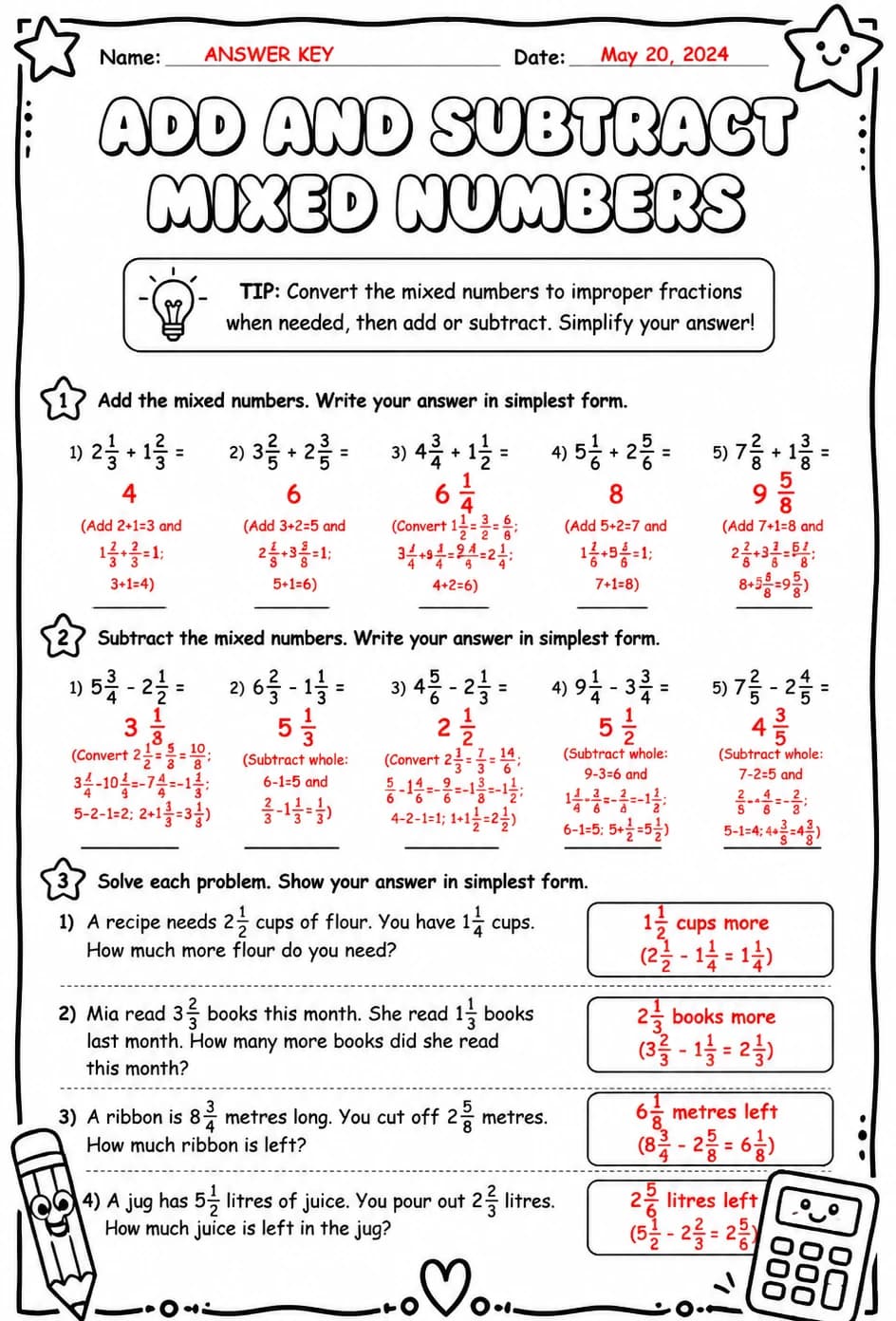Answer key for Add and subtract mixed numbers — free printable Math worksheet