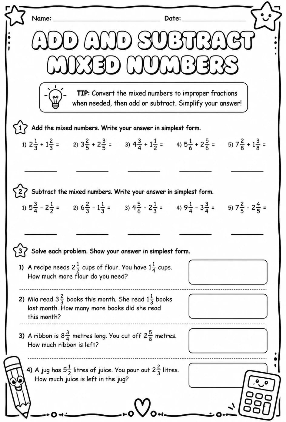 Add and subtract mixed numbers — free printable Grade 7 math worksheet