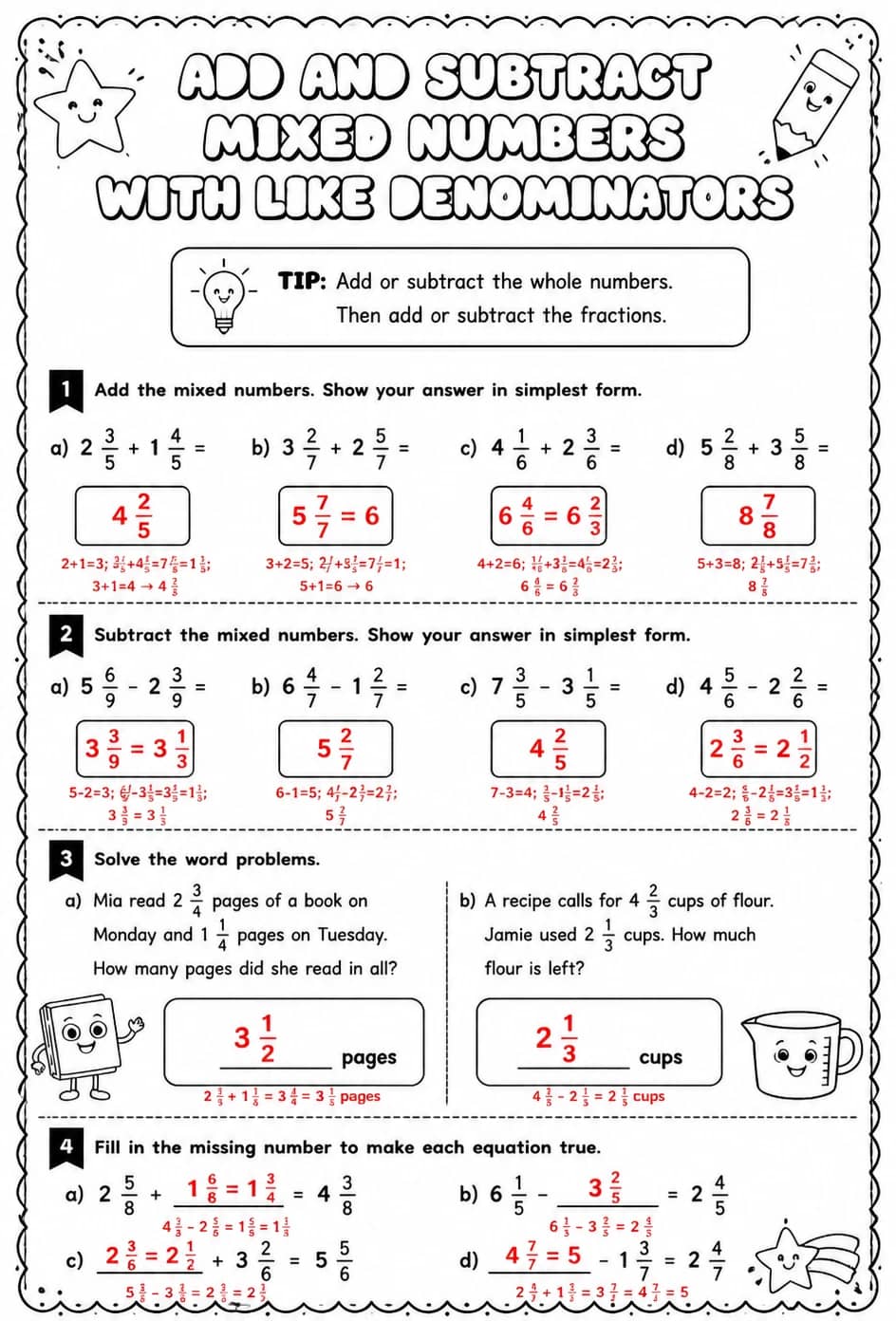 Answer key for Add and subtract mixed numbers with like denominators — free printable Math worksheet