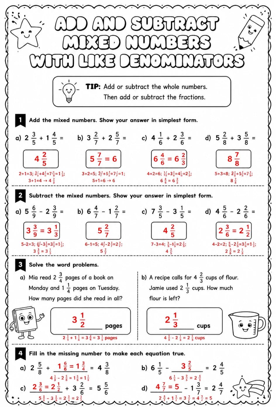 Answer key for Add and subtract mixed numbers with like denominators — free printable Math worksheet