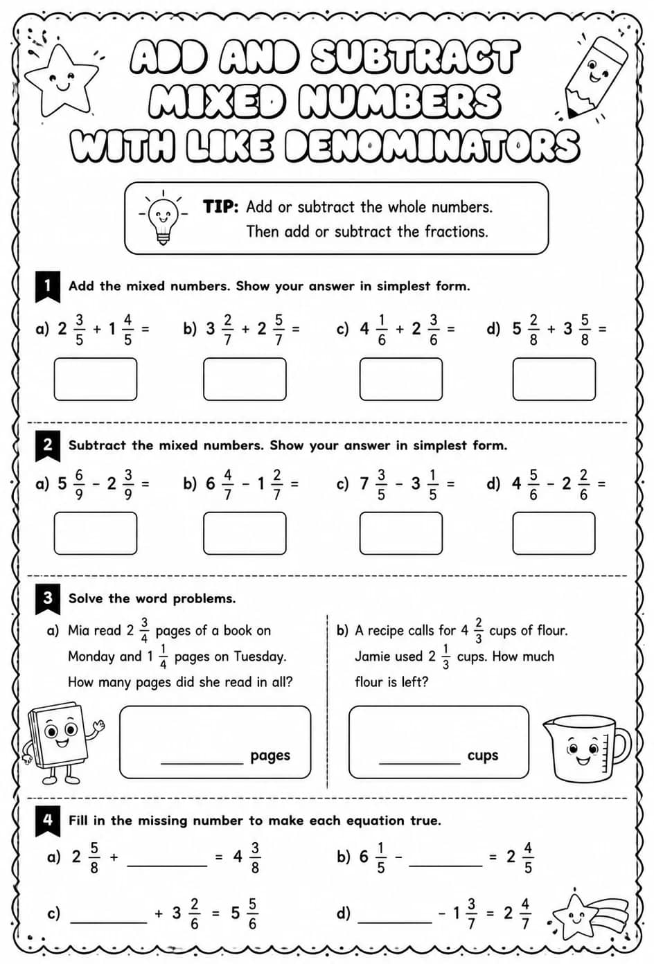 Add and subtract mixed numbers with like denominators — free printable Grade 4 math worksheet