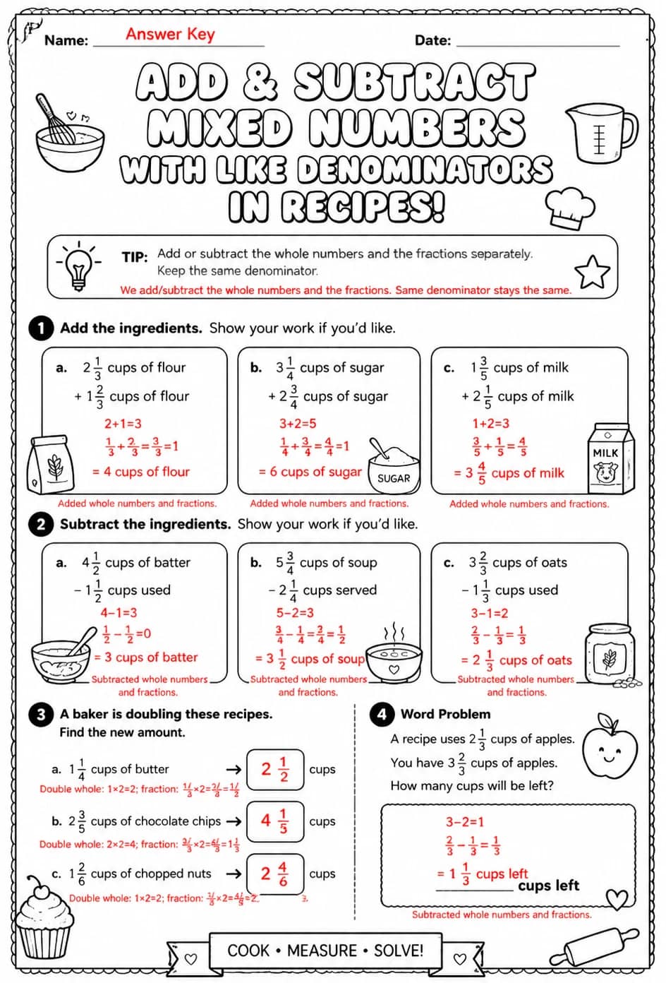 Answer key for Add and subtract mixed numbers with like denominators in recipes — free printable Math worksheet
