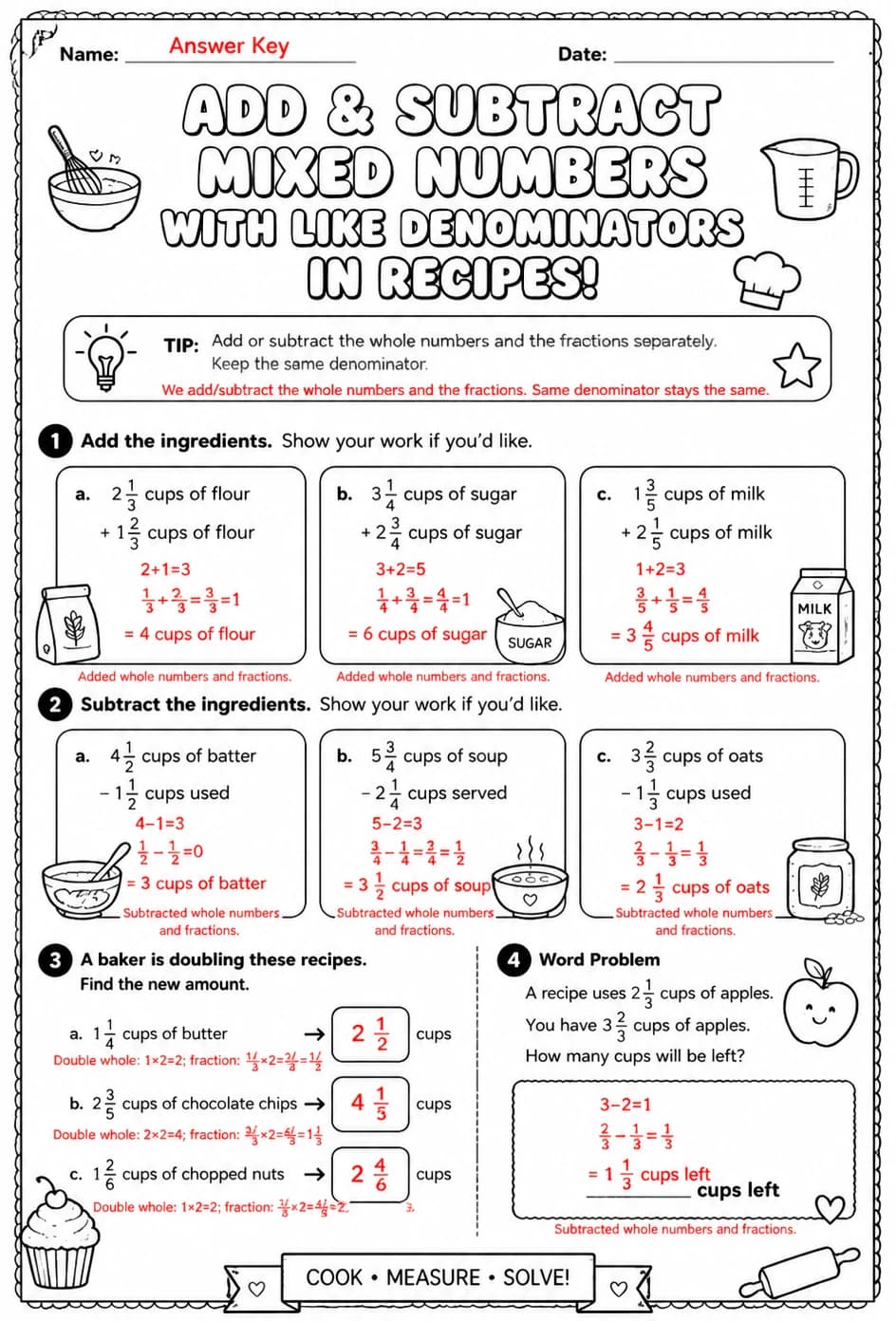 Answer key for Add and subtract mixed numbers with like denominators in recipes — free printable Math worksheet