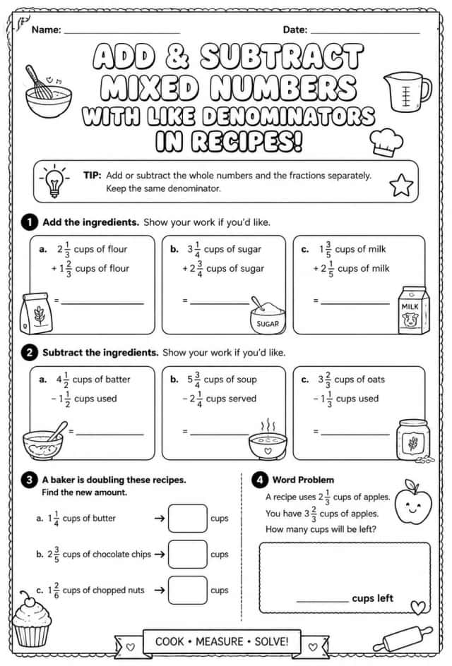 Add and subtract mixed numbers with like denominators in recipes