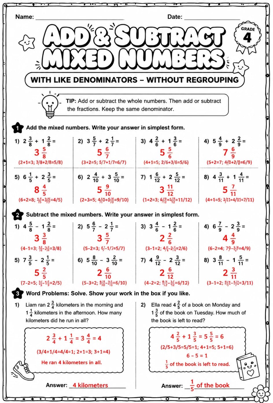 Answer key for Add and subtract mixed numbers with like denominators - without regrouping — free printable Math worksheet