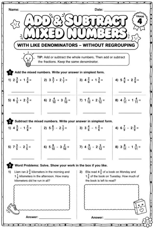 Add and subtract mixed numbers with like denominators - without regrouping